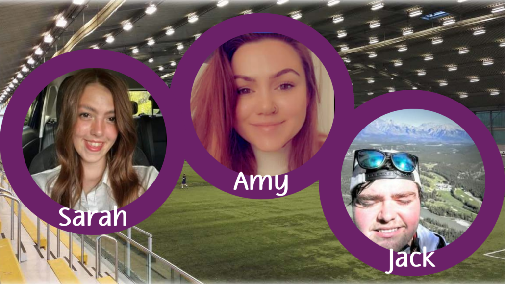 Image shows Amy, Sarah and Jack super imposed onto the photo of the football match taking place