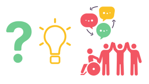 image shows graphic featuring: a questionmark, lightbulb, speech bubbles and group of people