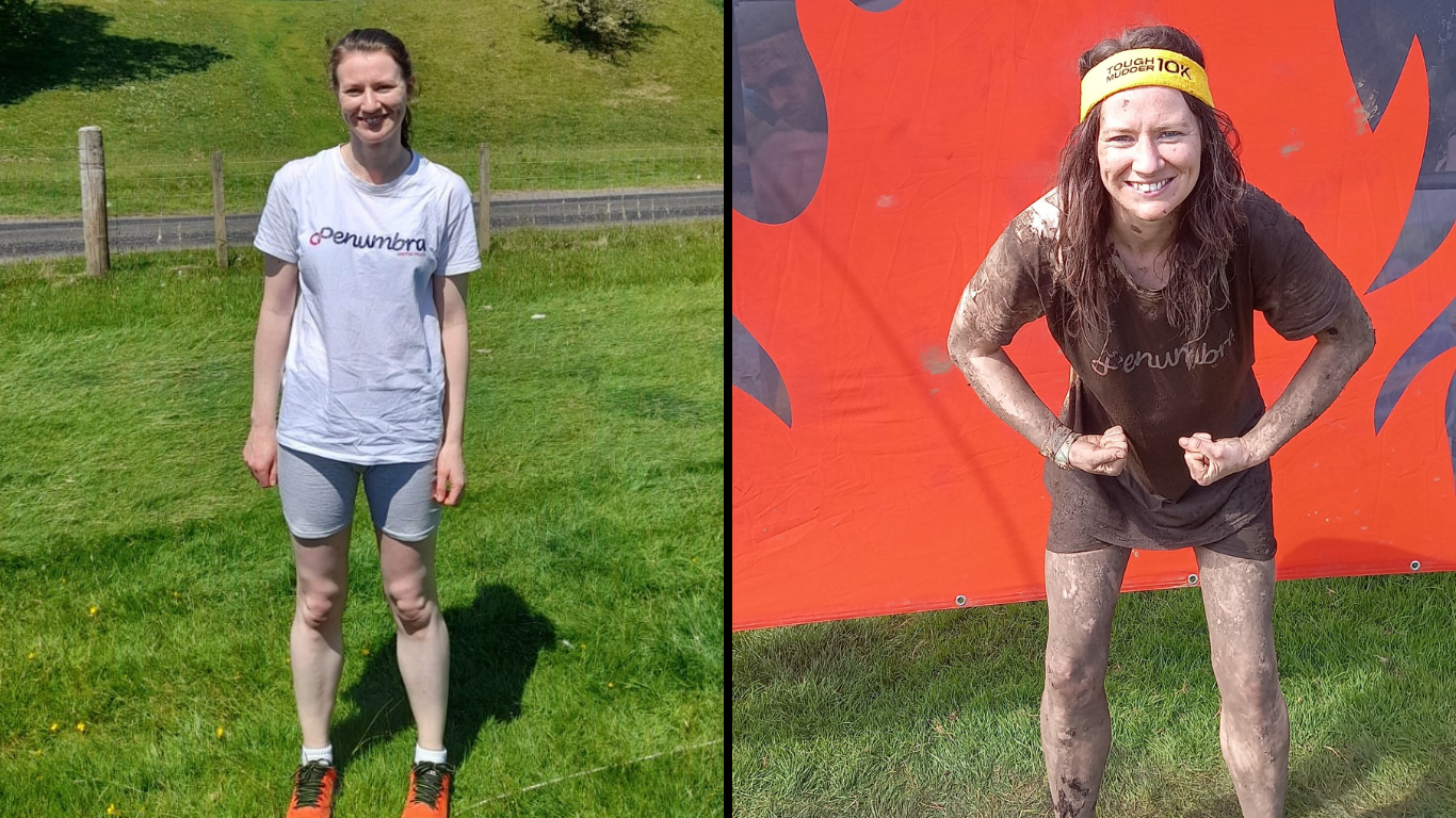 Landscape image of Louise before and after the Tough Mudder event.